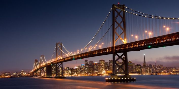 Dusk over San Francisco Bay Bridge and Skyline from Yerna Buena Island Silicon Valley & San Francisco Golden Gate Bridge